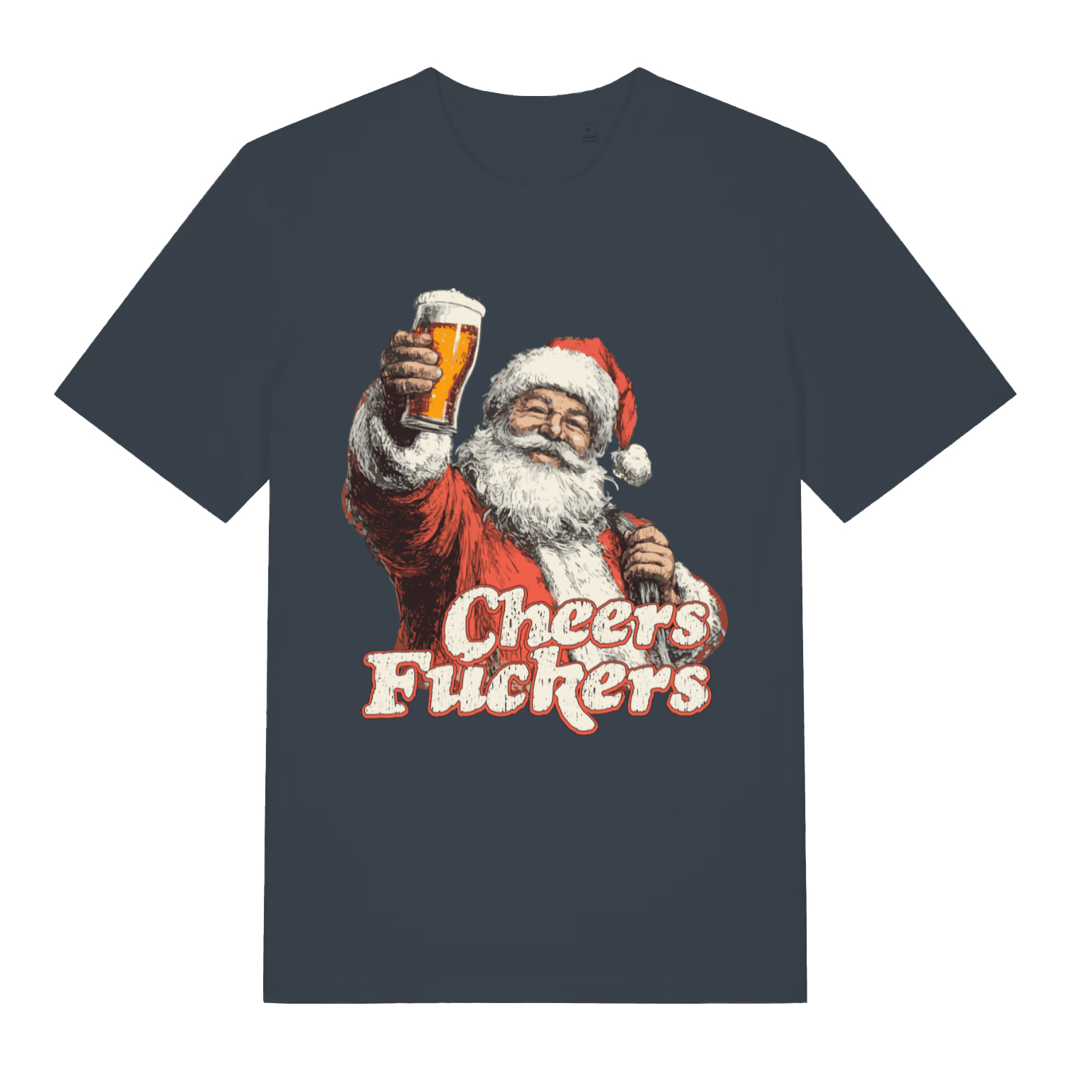 Ink grey Cheers Fuckers T-shirt flat lay showing cheeky Santa Christmas rude design