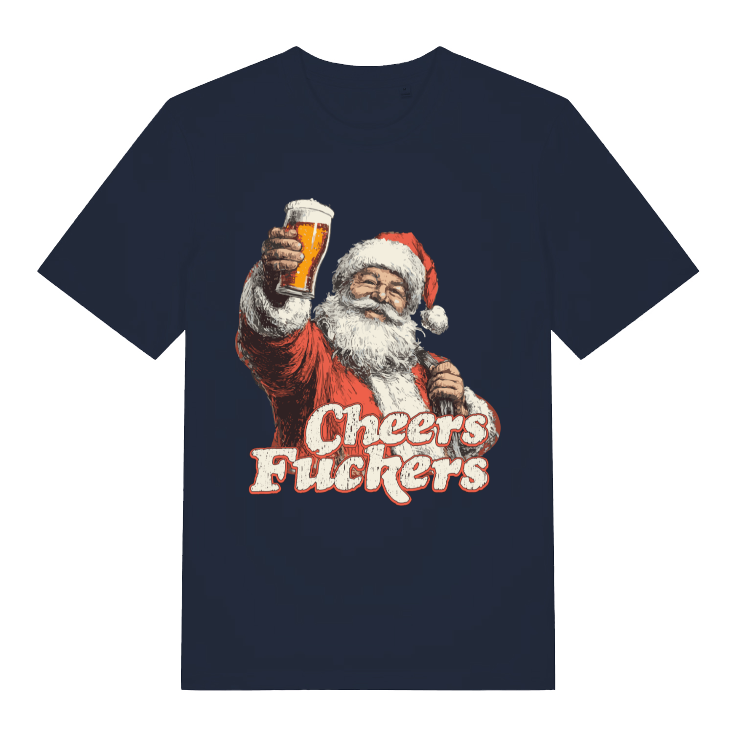 Navy Cheers Fuckers T-shirt flat lay with bold offensive Santa beer illustration