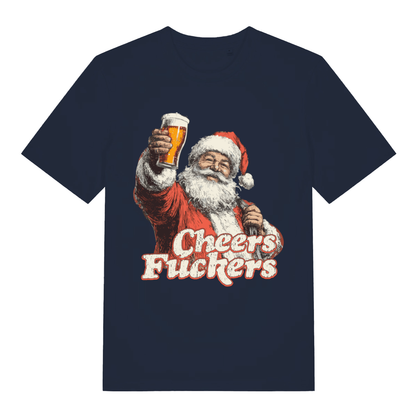 Navy Cheers Fuckers T-shirt flat lay with bold offensive Santa beer illustration