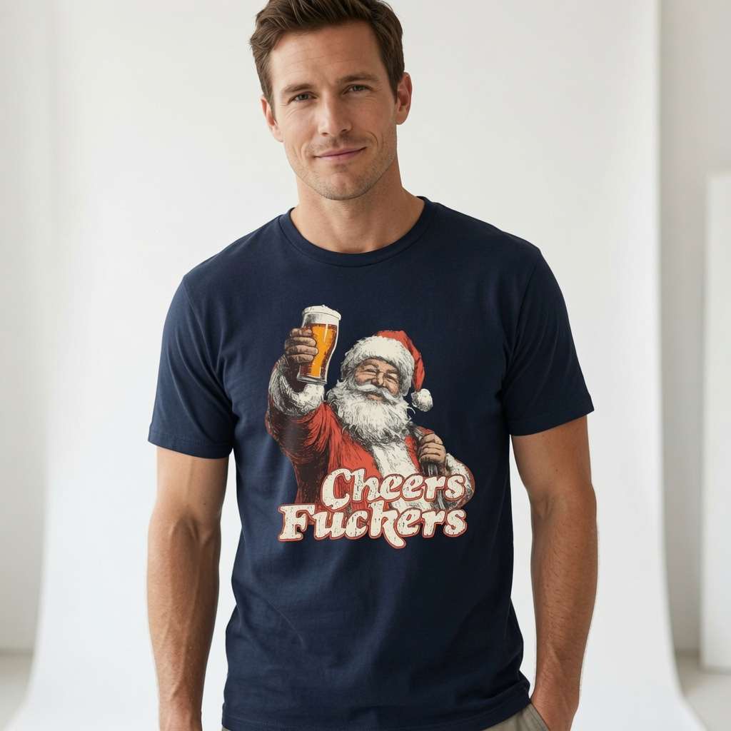 Man in navy Cheers Fuckers Santa t-shirt, funny offensive witty rude santa xmas pub tee