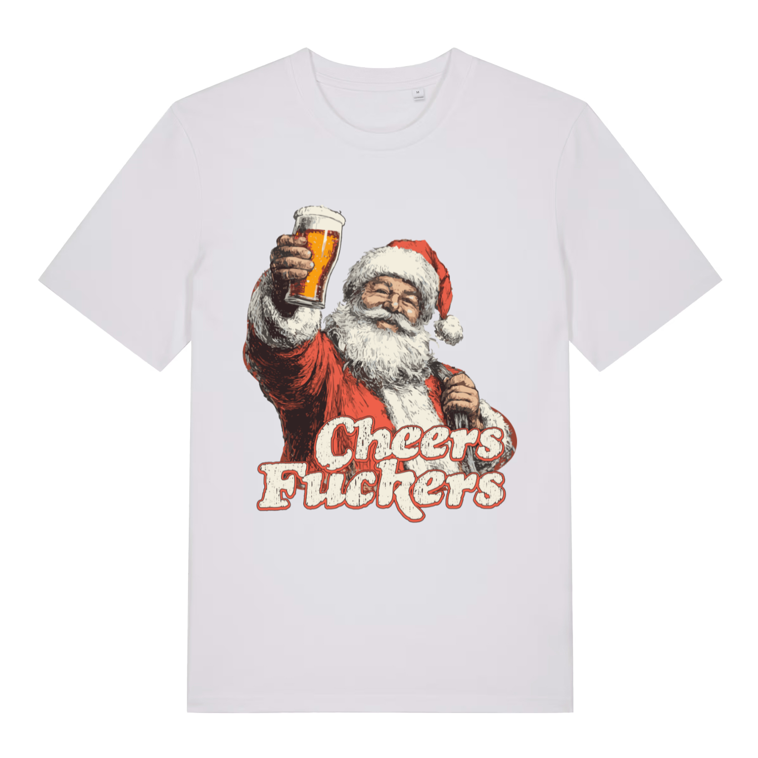 White Cheers Fuckers T-shirt flat lay displaying filthy festive Santa pub banter graphic