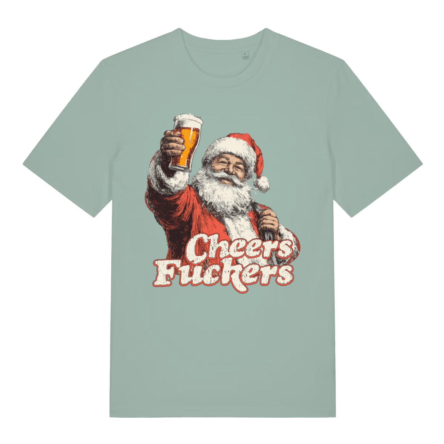 Aloe women's Cheers Fuckers T-shirt flat lay featuring cheeky Santa holding pint "Cheers Fuckers" slogan