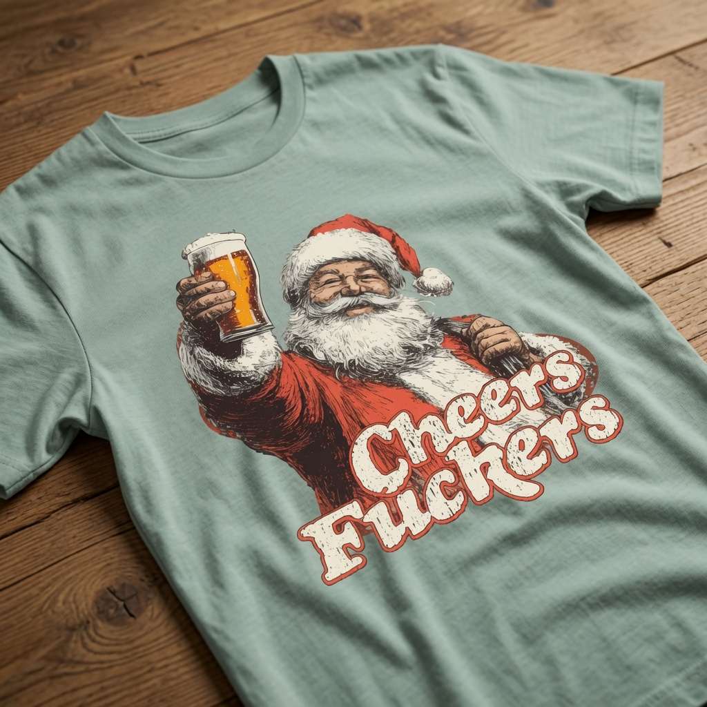 Aloe Cheers Fuckers Santa t-shirt on wood, funny rude offensive dirty santa ladies xmas tee