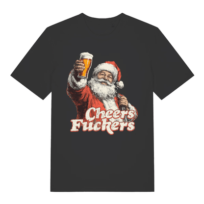 Black women's Cheers Fuckers T-shirt flat lay with rude drunk Santa beer graphic perfect offensive Christmas ladies tee