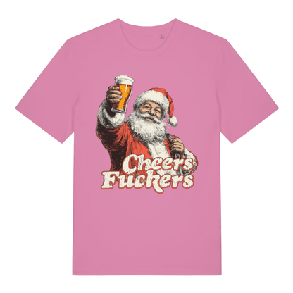 Pink women's Cheers Fuckers T-shirt flat lay showing funny dirty Santa Xmas pub banter design