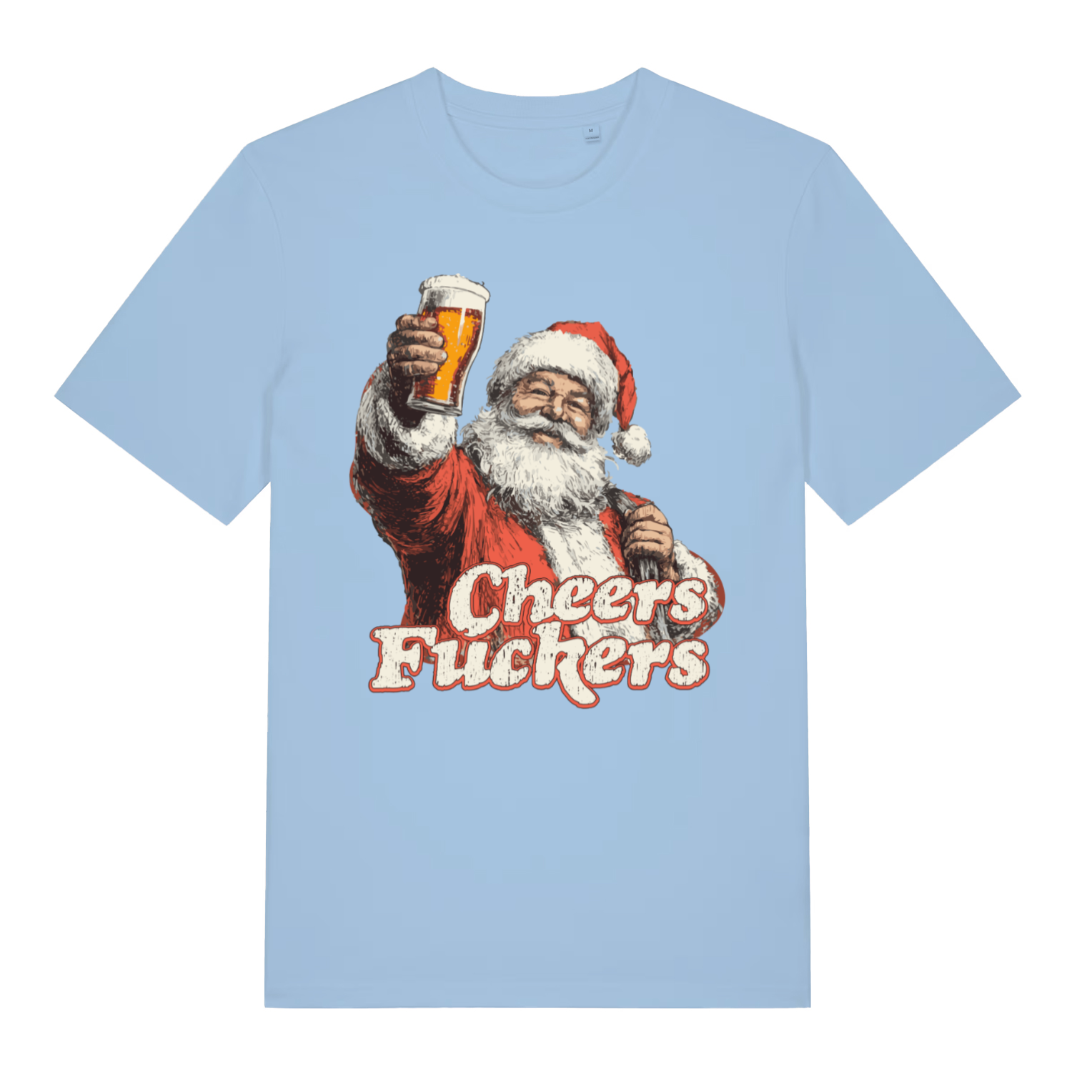 Sky blue women's Cheers Fuckers T-shirt flat lay with bold offensive Santa beer illustration on ladies fit
