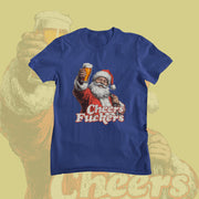 Blue funny Christmas t-shirt features a jolly Santa holding a beer, with 