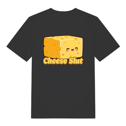 Black Cheese Slut T-shirt flat lay with cute cartoon cheese block graphic and cheeky "Cheese Slut" slogan