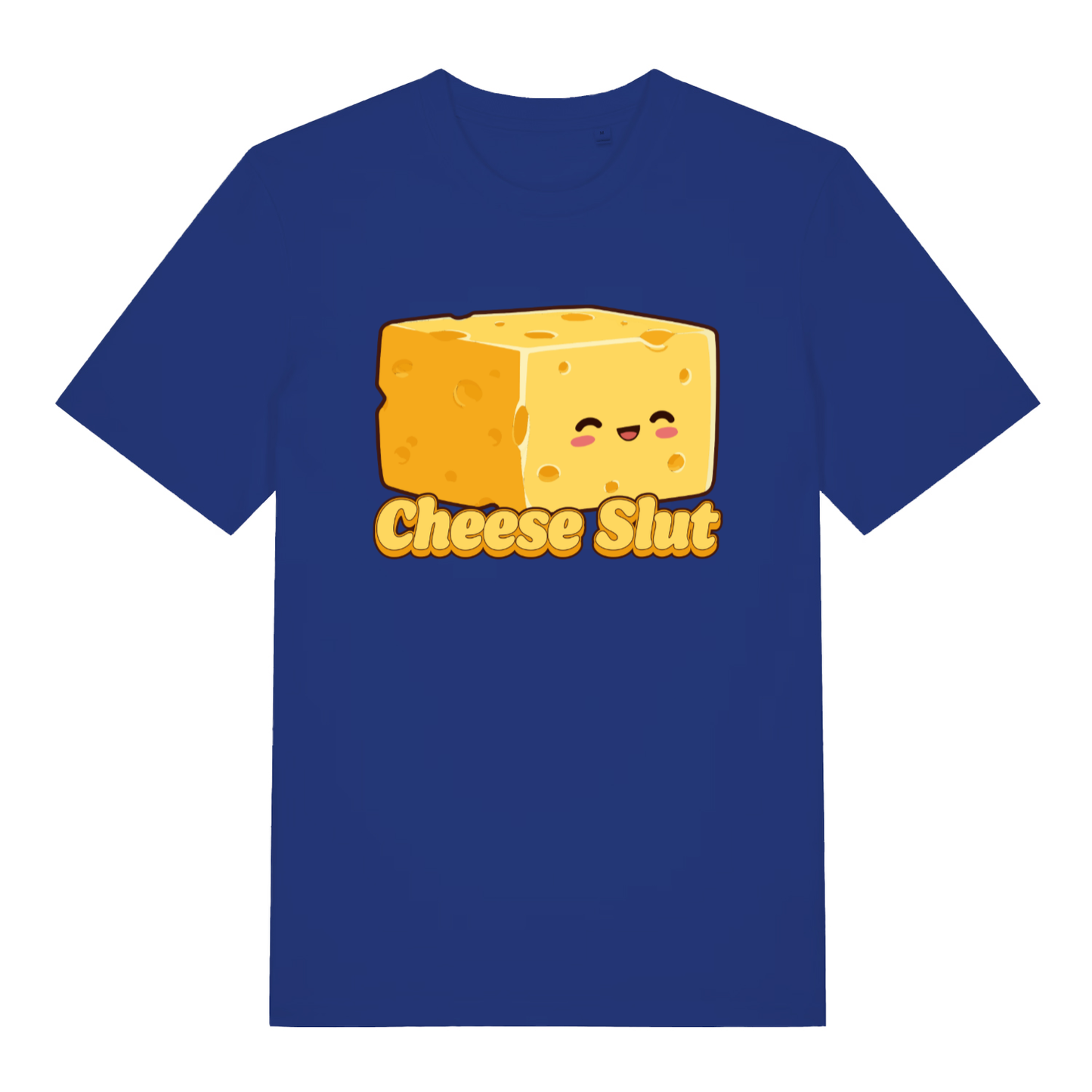Blue Cheese Slut T-shirt flat lay featuring adorable cheesy character perfect funny foodie tee