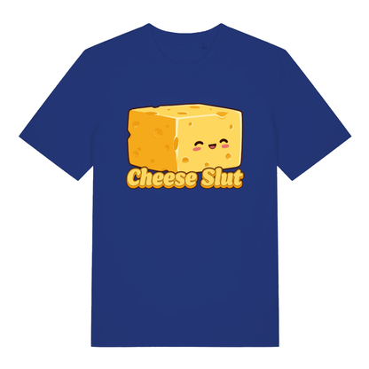 Blue Cheese Slut T-shirt flat lay featuring adorable cheesy character perfect funny foodie tee