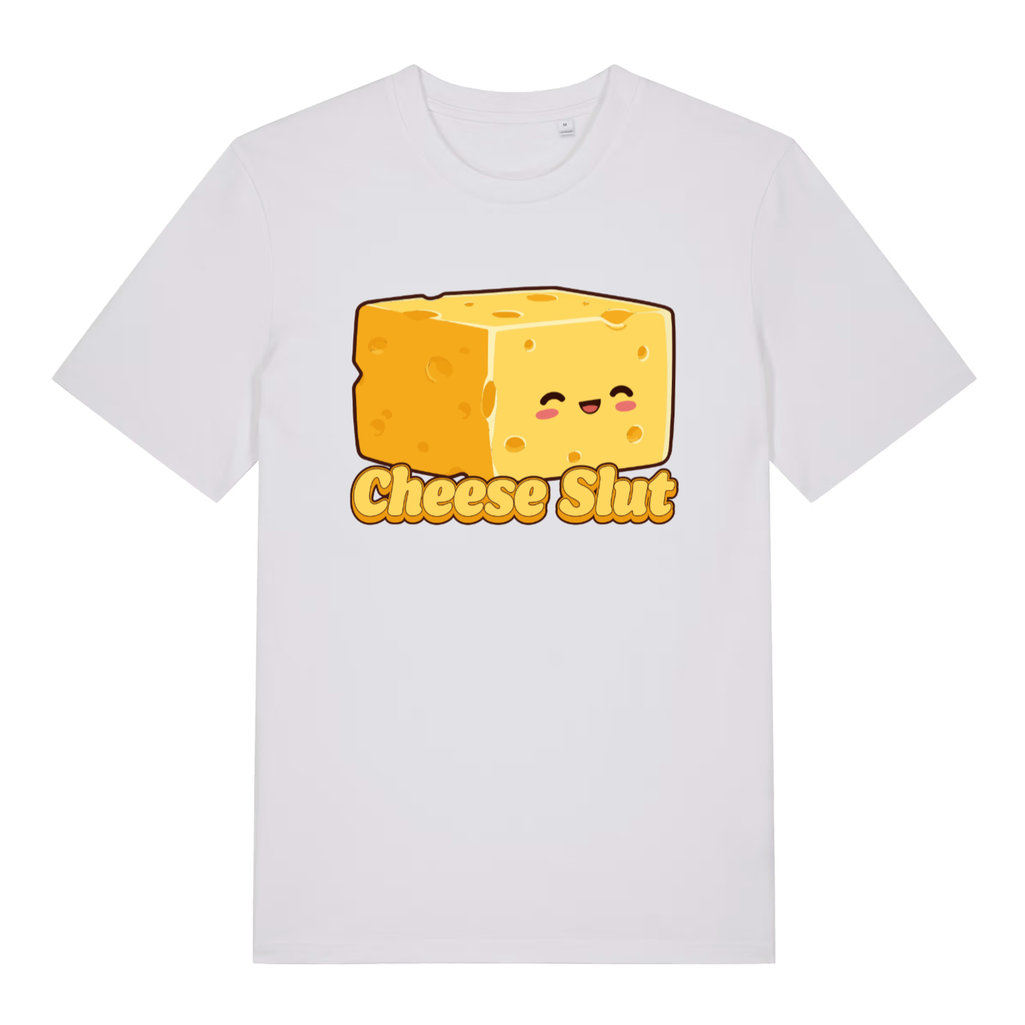 White Cheese Slut T-shirt flat lay displaying humorous cheese addict graphic on premium tee