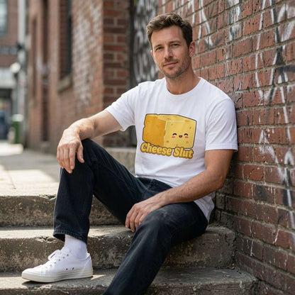 Man in white Cheese S**t tee sitting on steps, funny witty cheeky mozzarella paradise graphic shirt