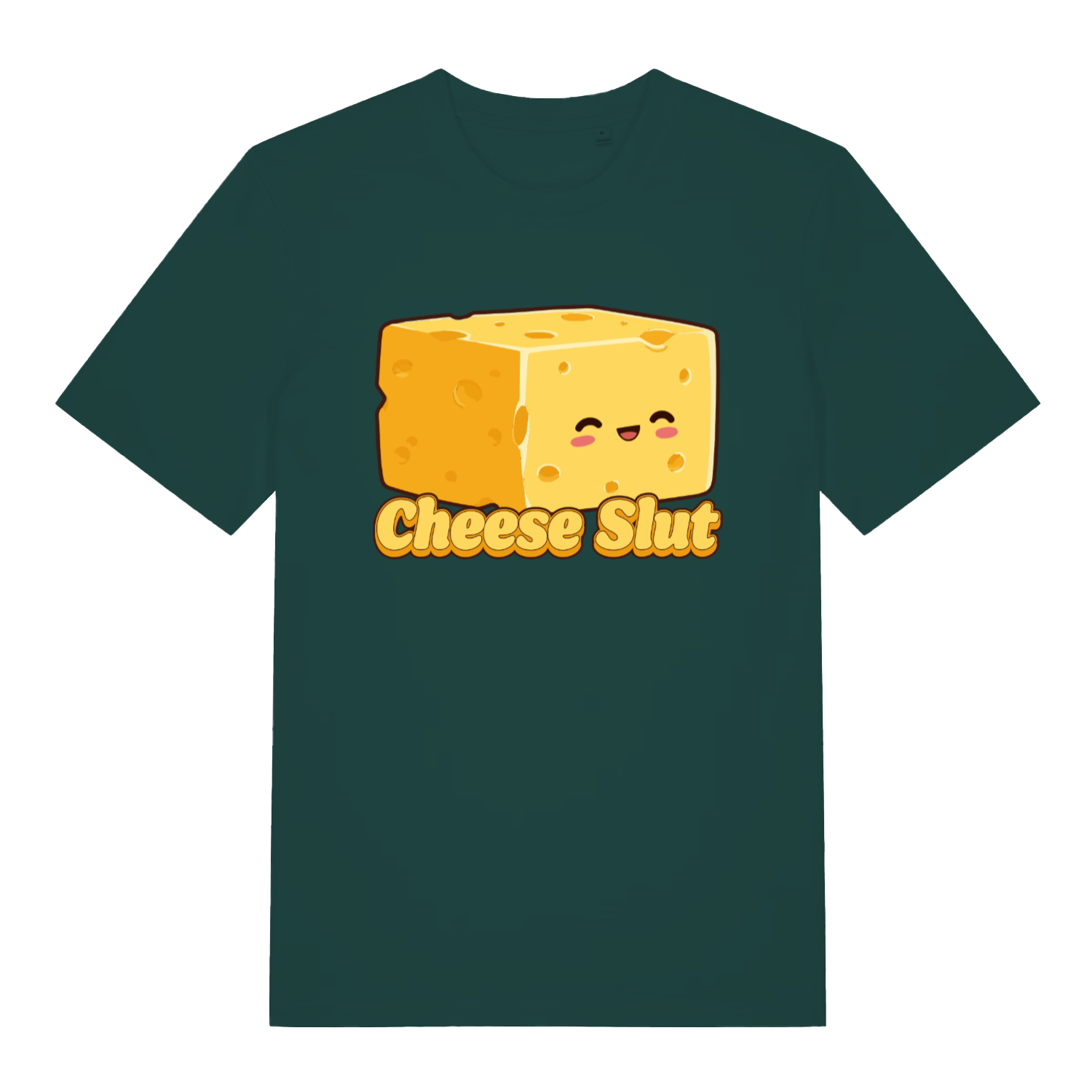 Green Cheese Slut T-shirt flat lay showing witty dairy lover cartoon design