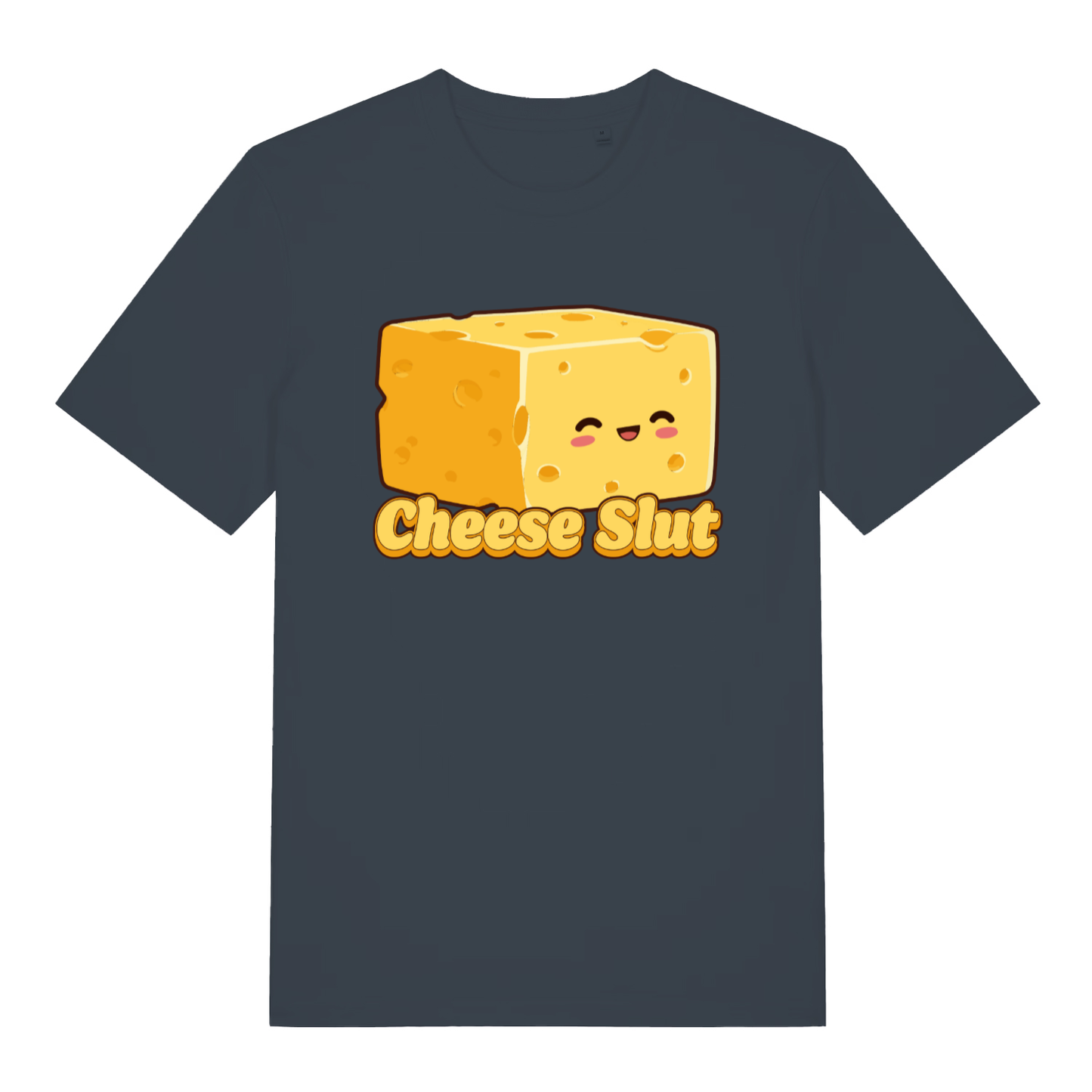 Ink grey Cheese Slut T-shirt flat lay with bold cute cheese block and "Cheese Slut" text