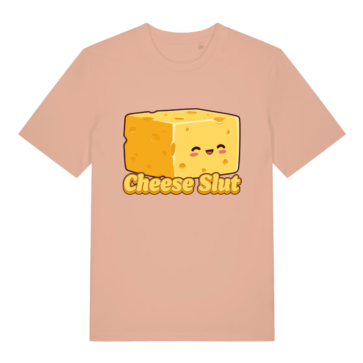 Peach women's Cheese Slut T-shirt flat lay showing witty cheese addict cartoon design