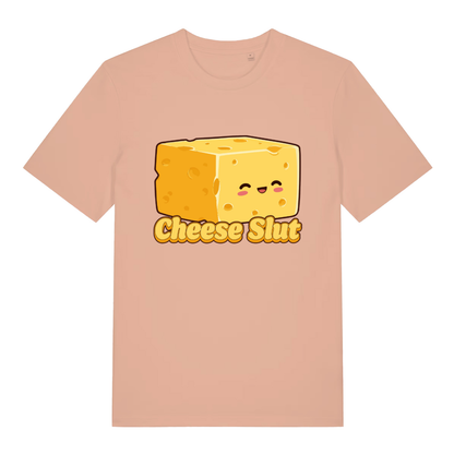 Peach women's Cheese Slut T-shirt flat lay showing witty cheese addict cartoon design