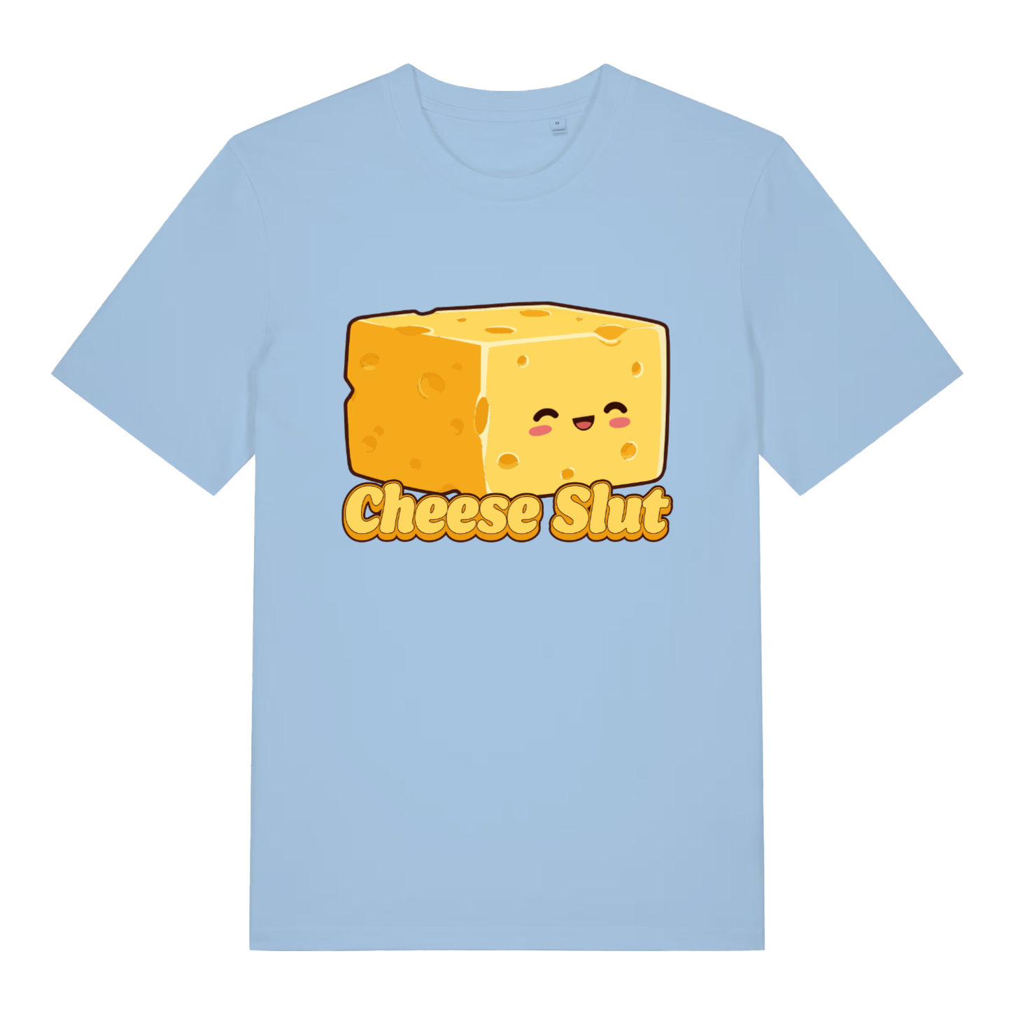 Sky blue women's Cheese Slut T-shirt flat lay with bold cute cheese block and "Cheese Slut" text