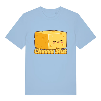 Sky blue women's Cheese Slut T-shirt flat lay with bold cute cheese block and "Cheese Slut" text