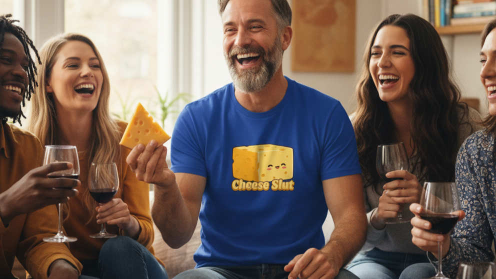 Group of people sitting together, enjoying wine and cheese, with one person wearing a blue cheese slut t-shirt with a cheese design.