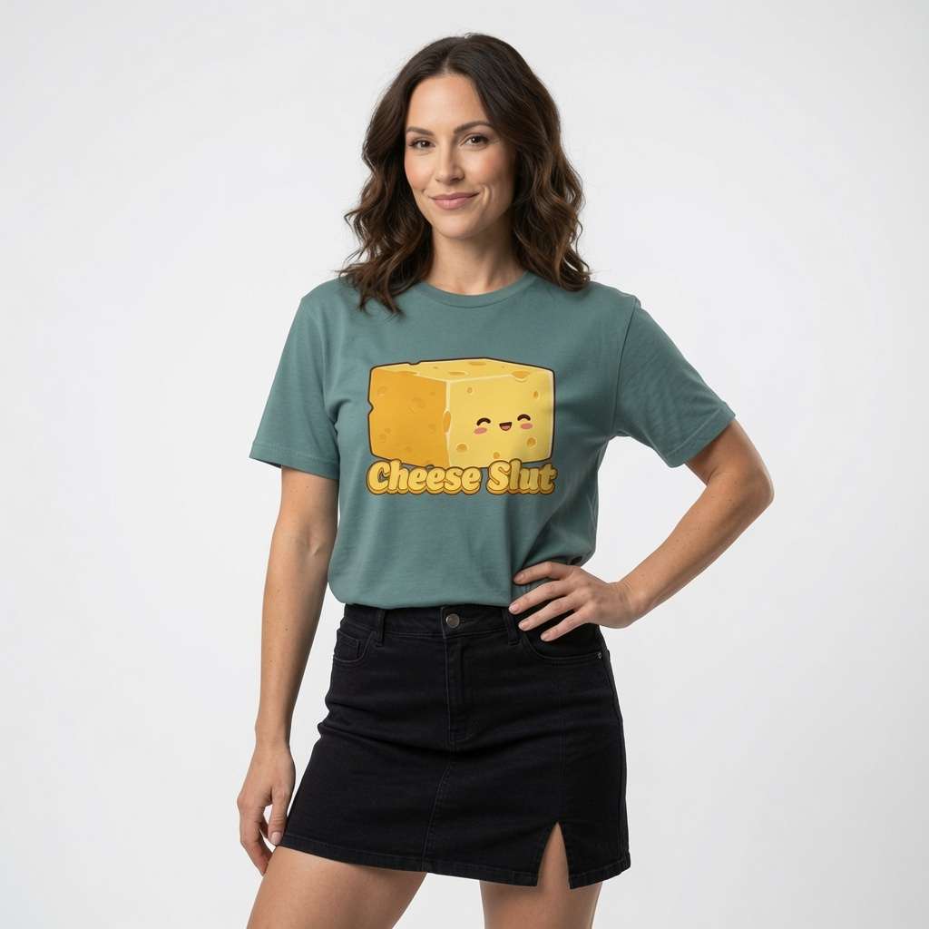 Woman in green Cheese S**t tee with hand on hip, funny rude cheeky cheese graphic gift