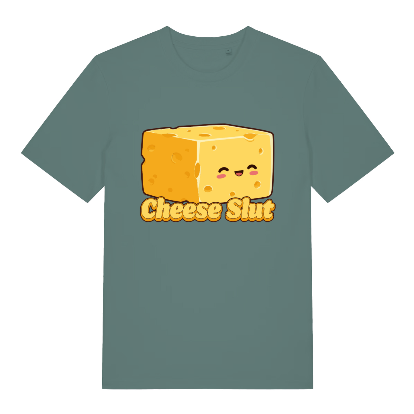 Green women's Cheese Slut T-shirt flat lay with cute cartoon cheese block graphic and cheeky slogan