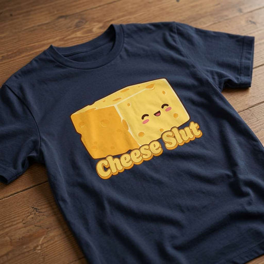 Navy Cheese S**t slogan t-shirt on wood, cheeky funny graphic cheese slut ladies tee