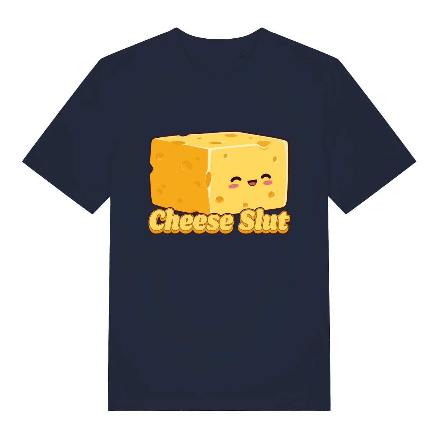 Navy women's Cheese Slut T-shirt flat lay featuring adorable cheesy character perfect funny dairy lover tee