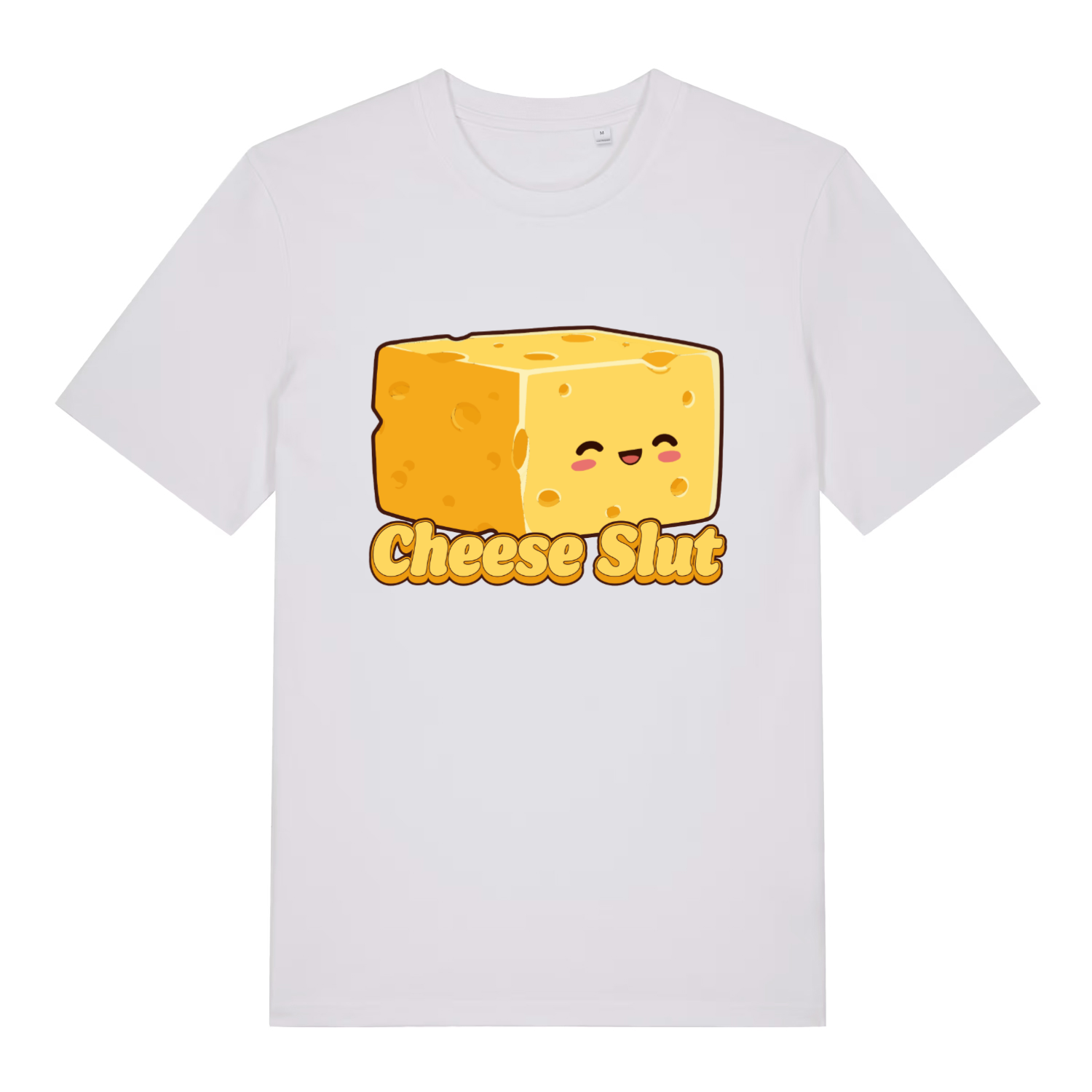 White women's Cheese Slut T-shirt flat lay displaying humorous cheese lover graphic on ladies fit