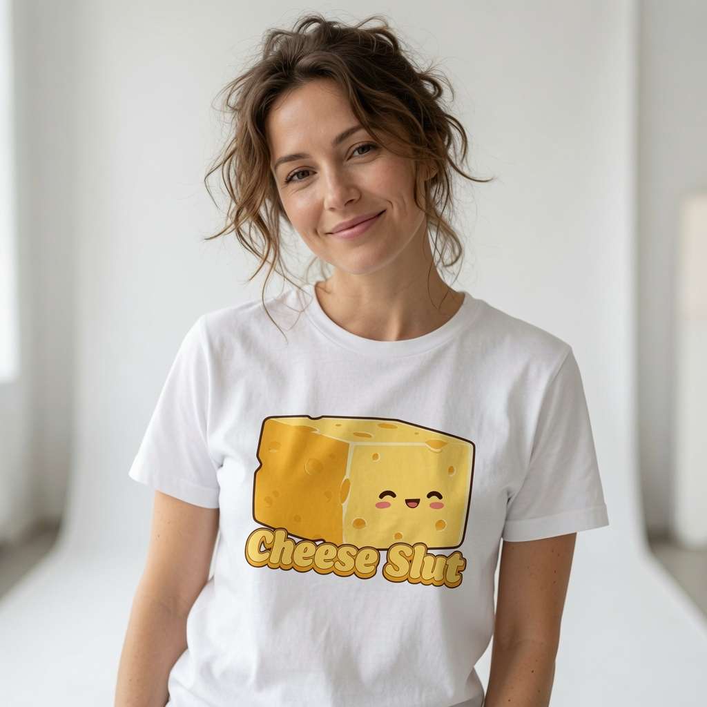 Woman in white Cheese S**t t-shirt, offensive funny witty cheese block graphic tee