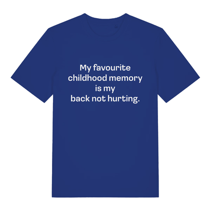 Blue Childhood Memory T-shirt flat lay featuring relatable getting old witty text design