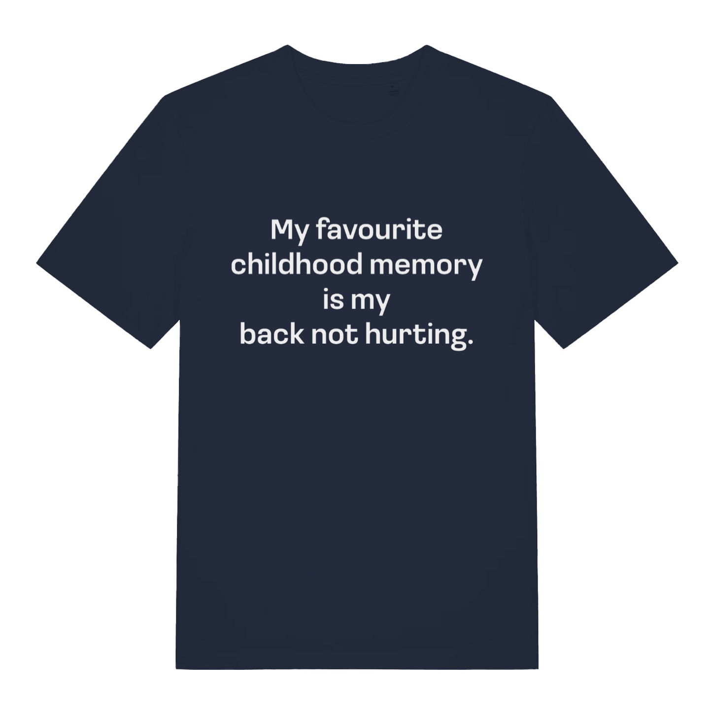 Navy Childhood Memory T-shirt flat lay with bold funny childhood memory slogan