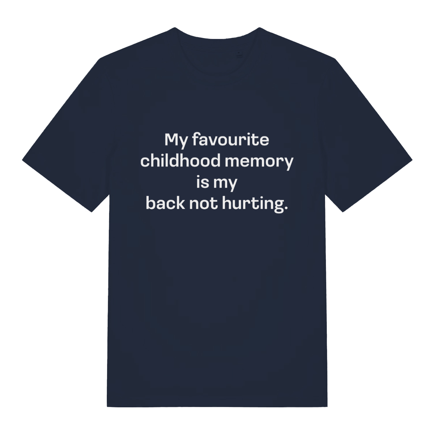 Navy Childhood Memory T-shirt flat lay with bold funny childhood memory slogan