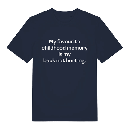 Navy Childhood Memory T-shirt flat lay with bold funny childhood memory slogan