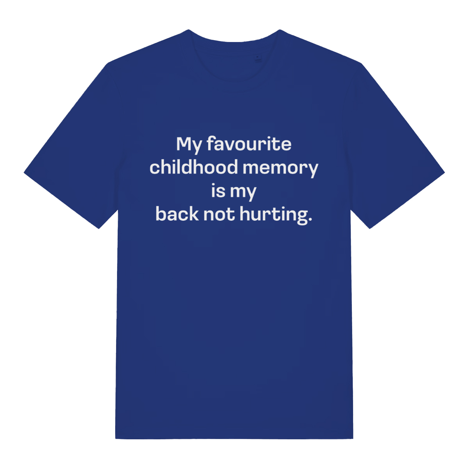 Blue women's Childhood Memory T-shirt flat lay featuring relatable getting old witty text design