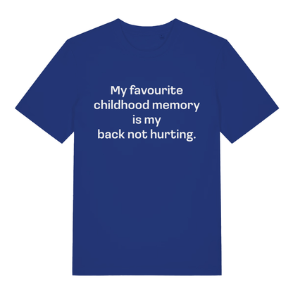 Blue women's Childhood Memory T-shirt flat lay featuring relatable getting old witty text design