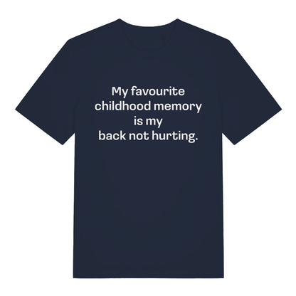 Navy women's Childhood Memory T-shirt flat lay with bold funny childhood memory slogan
