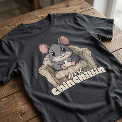Black Just Chinchillin t-shirt on wood, funny cheeky chinchilla graphic tee