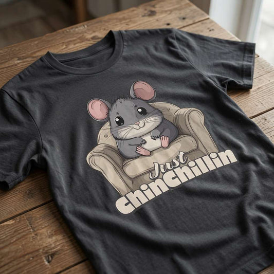 Black Just Chinchillin t-shirt on wood, funny cheeky chinchilla graphic tee