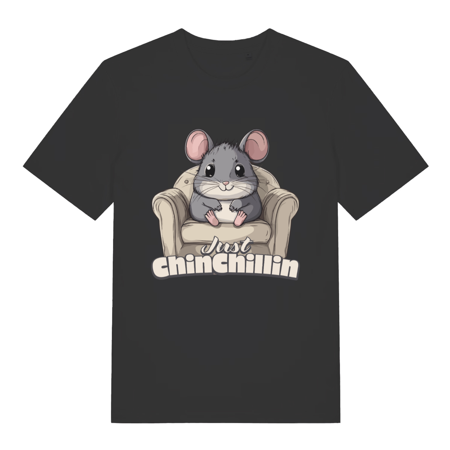 Black Chinchillin T-shirt flat lay with cute chinchilla in armchair graphic and "Just Chinchillin" pun