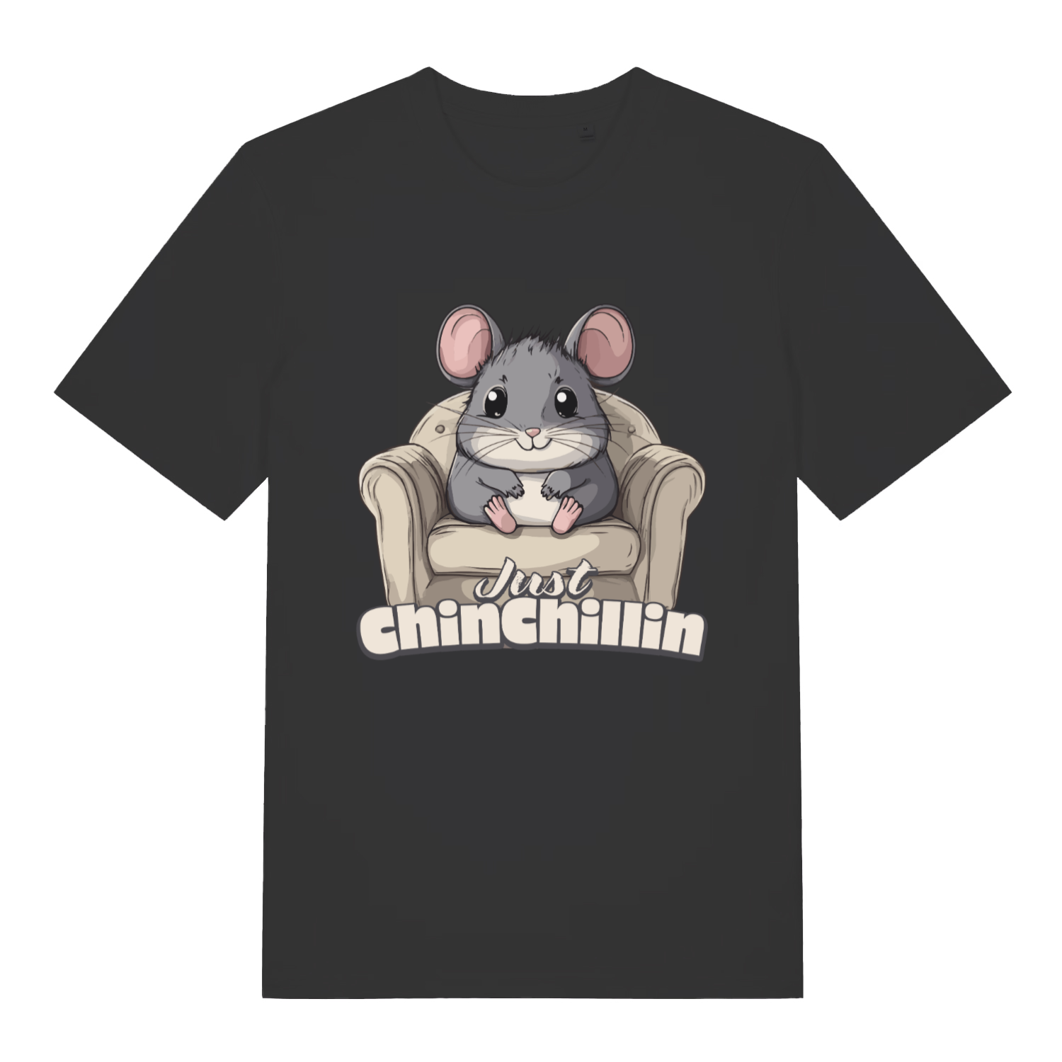Black Chinchillin T-shirt flat lay with cute chinchilla in armchair graphic and "Just Chinchillin" pun