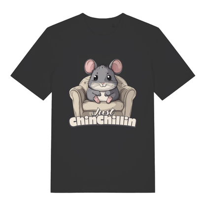 Black Chinchillin T-shirt flat lay with cute chinchilla in armchair graphic and "Just Chinchillin" pun