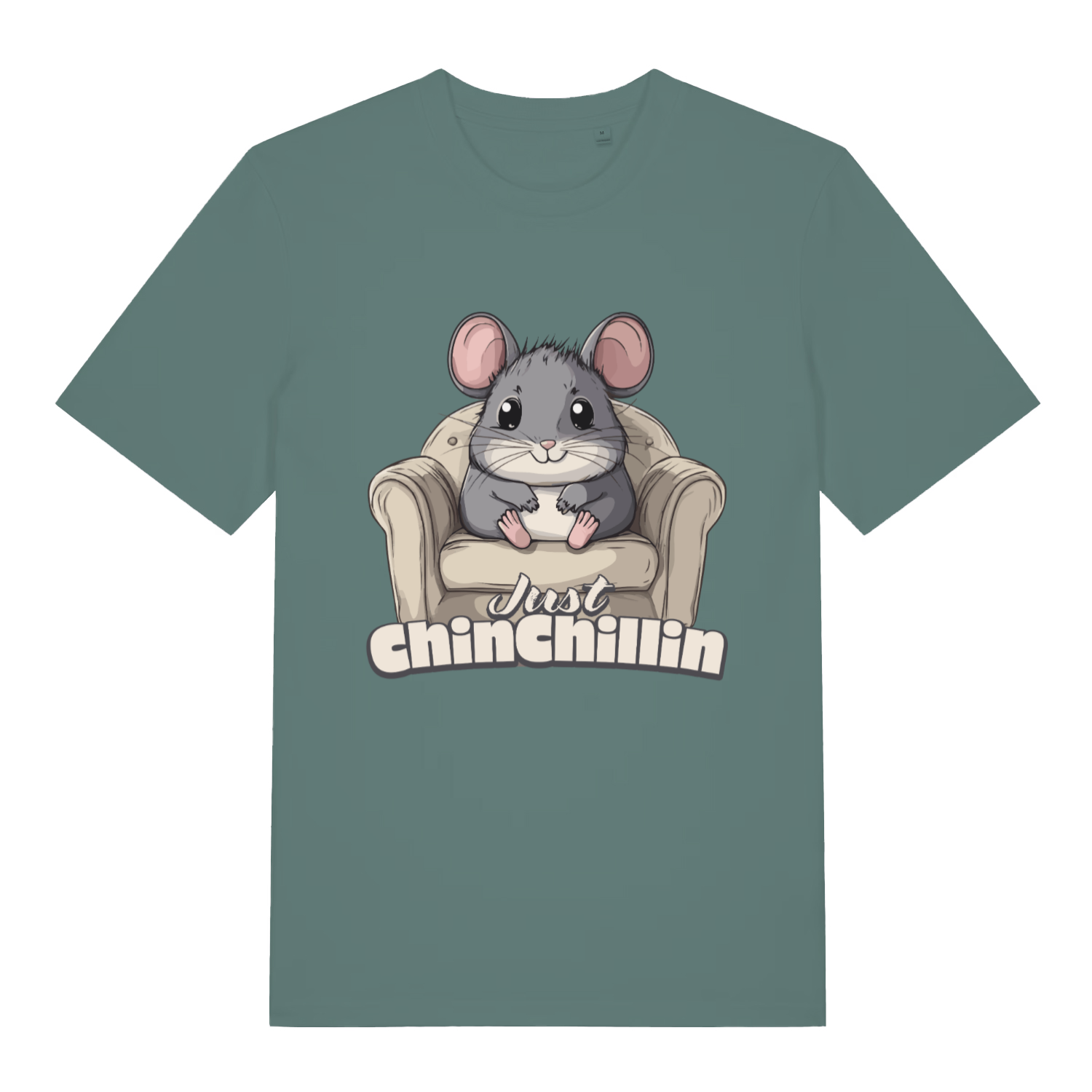 Green Chinchillin T-shirt flat lay featuring adorable kawaii chinchilla relaxing design