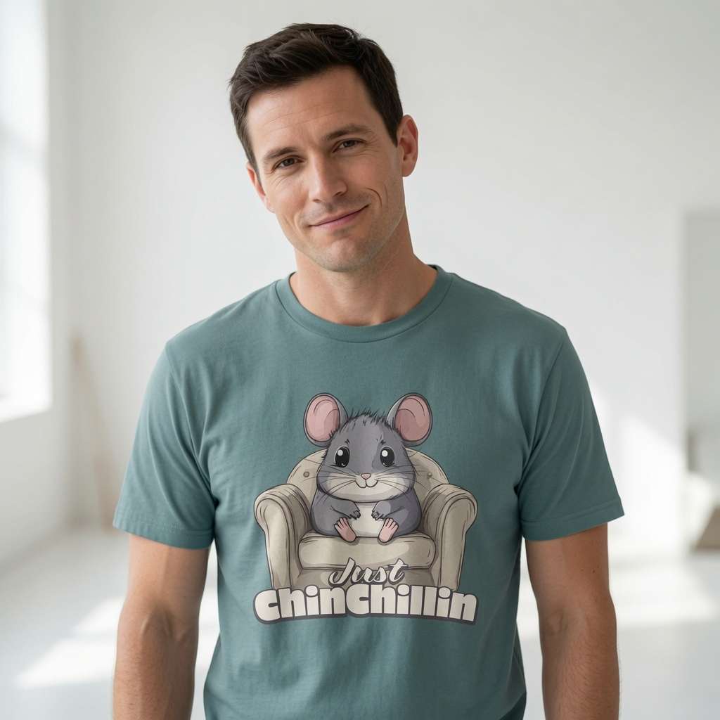 Man in green bay Just Chinchillin t-shirt, funny witty kawaii chinchilla graphic tee