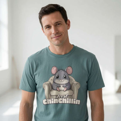 Man in green bay Just Chinchillin t-shirt, funny witty kawaii chinchilla graphic tee