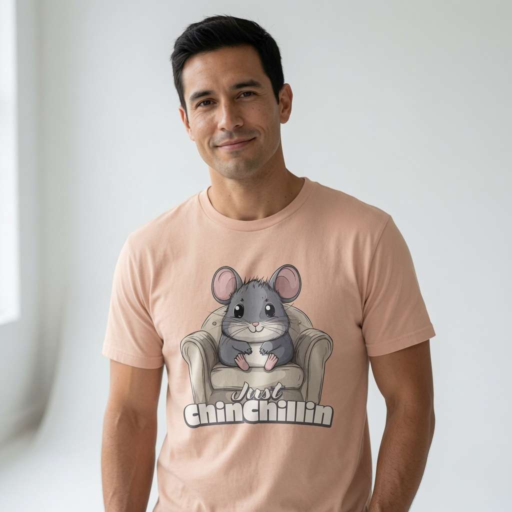 Man in peach Just Chinchillin tee, fun cheeky chinchilla pun shirt