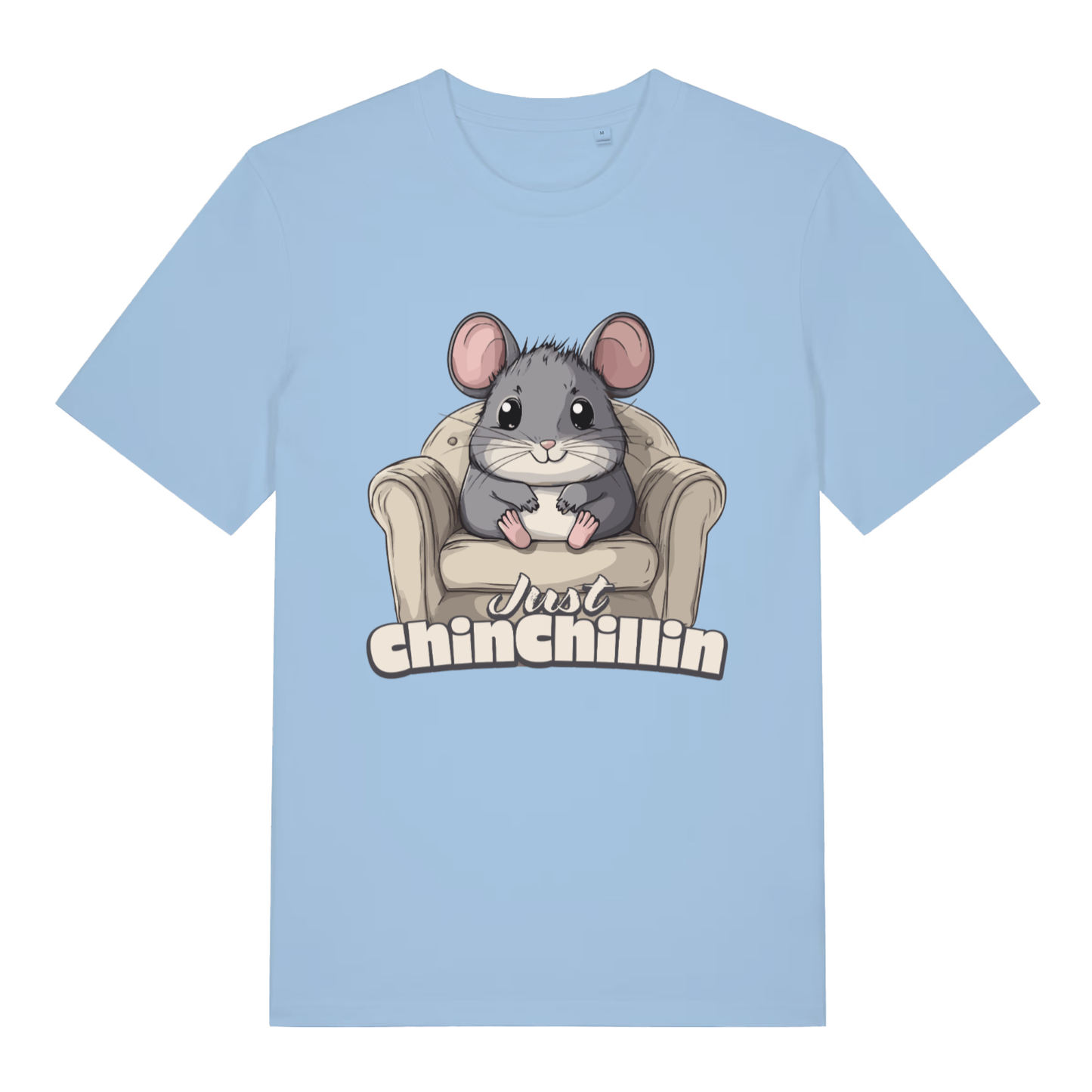 Sky blue Chinchillin T-shirt flat lay with bold cute chinchilla armchair graphic