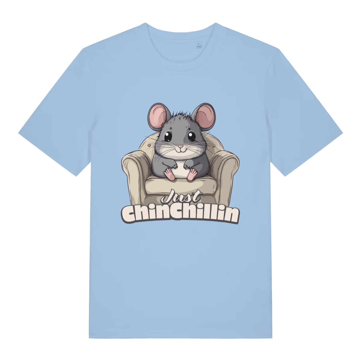 Sky blue Chinchillin T-shirt flat lay with bold cute chinchilla armchair graphic