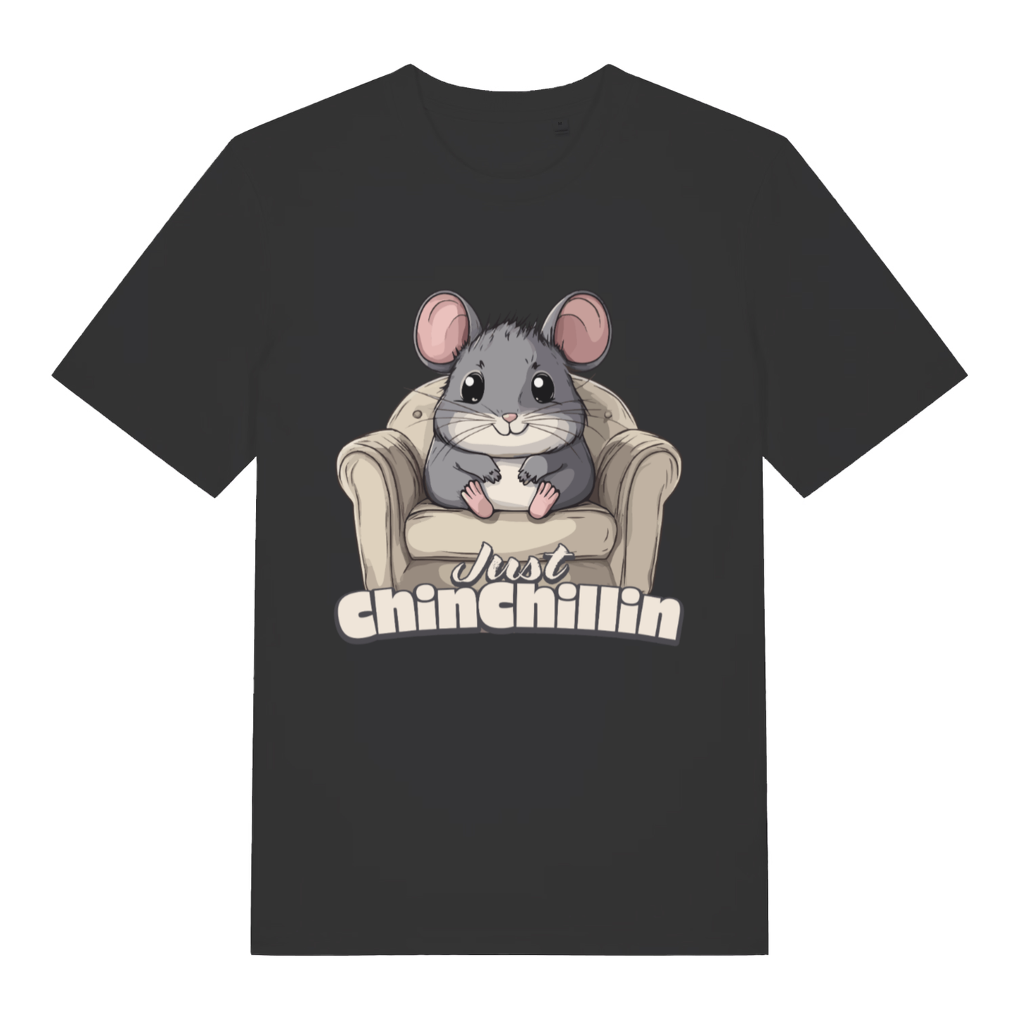 Black women's Chinchillin T-shirt flat lay with cute chinchilla in armchair graphic and "Just Chinchillin" pun