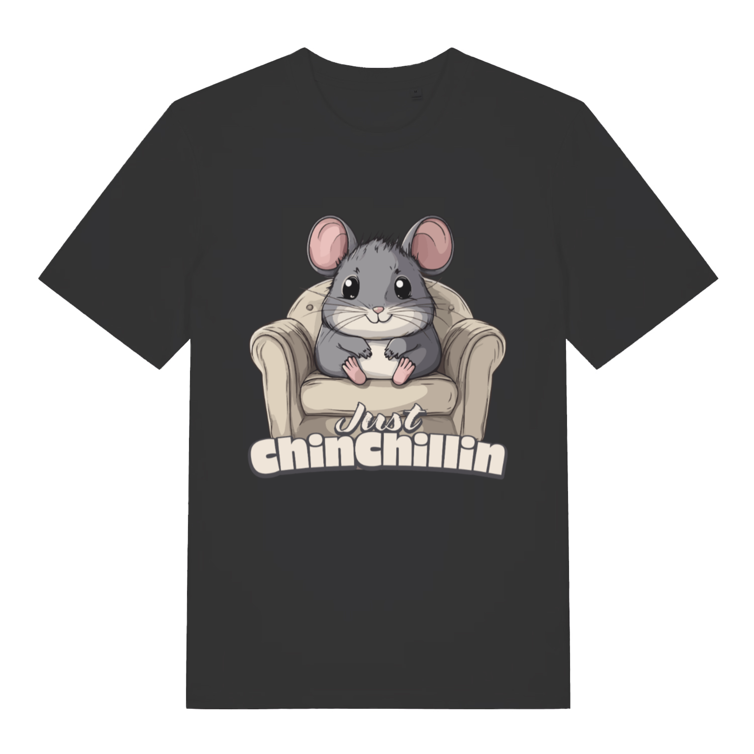 Black women's Chinchillin T-shirt flat lay with cute chinchilla in armchair graphic and "Just Chinchillin" pun