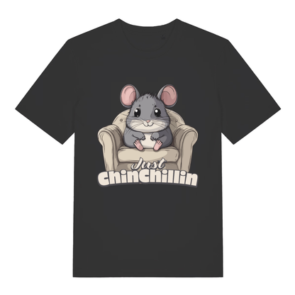 Black women's Chinchillin T-shirt flat lay with cute chinchilla in armchair graphic and "Just Chinchillin" pun
